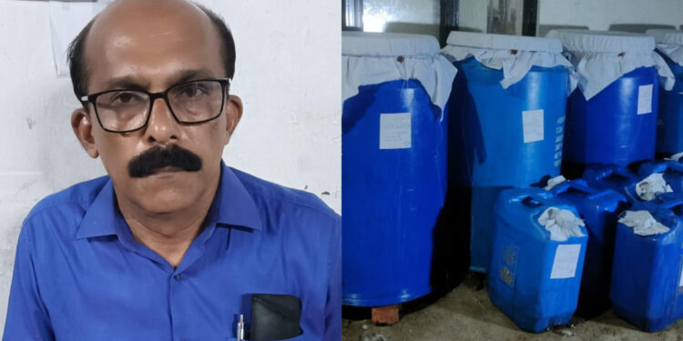 രാമപുരം കൂടപ്പലത്ത് എക്സൈസ് റെയി ഡിൽ വീട്ടിൽസൂക്ഷിച്ച1830 ലിറ്റർ വീര്യം കൂടിയ അനധികൃത വൈൻ പിടികൂടി