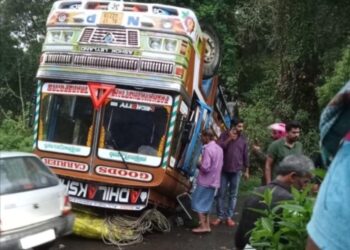 ഏലക്കായുമായി പോയ ലോറി അപകടത്തിൽപ്പെട്ടു